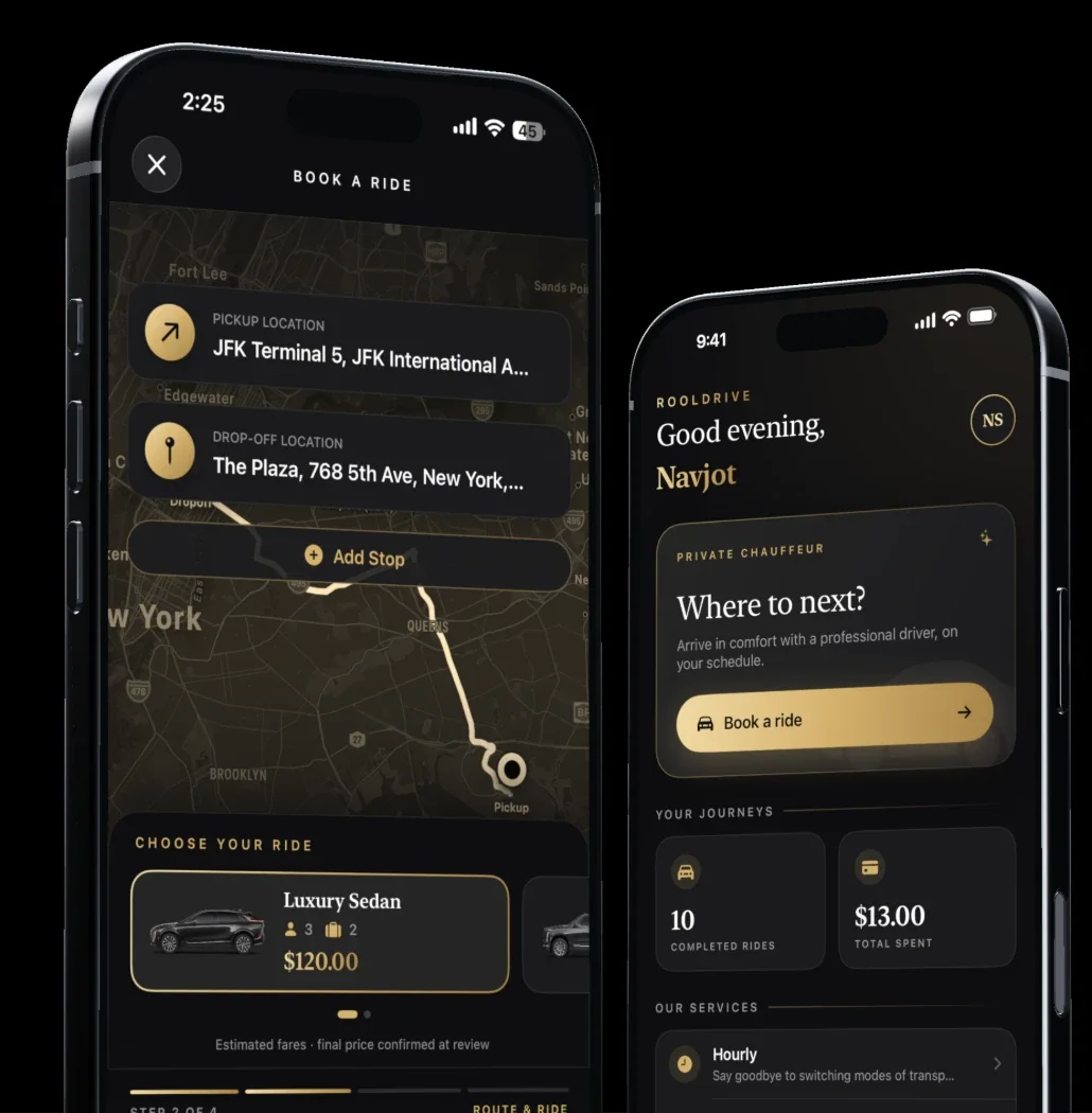 The RoolDrive app: booking a ride from JFK and the home screen